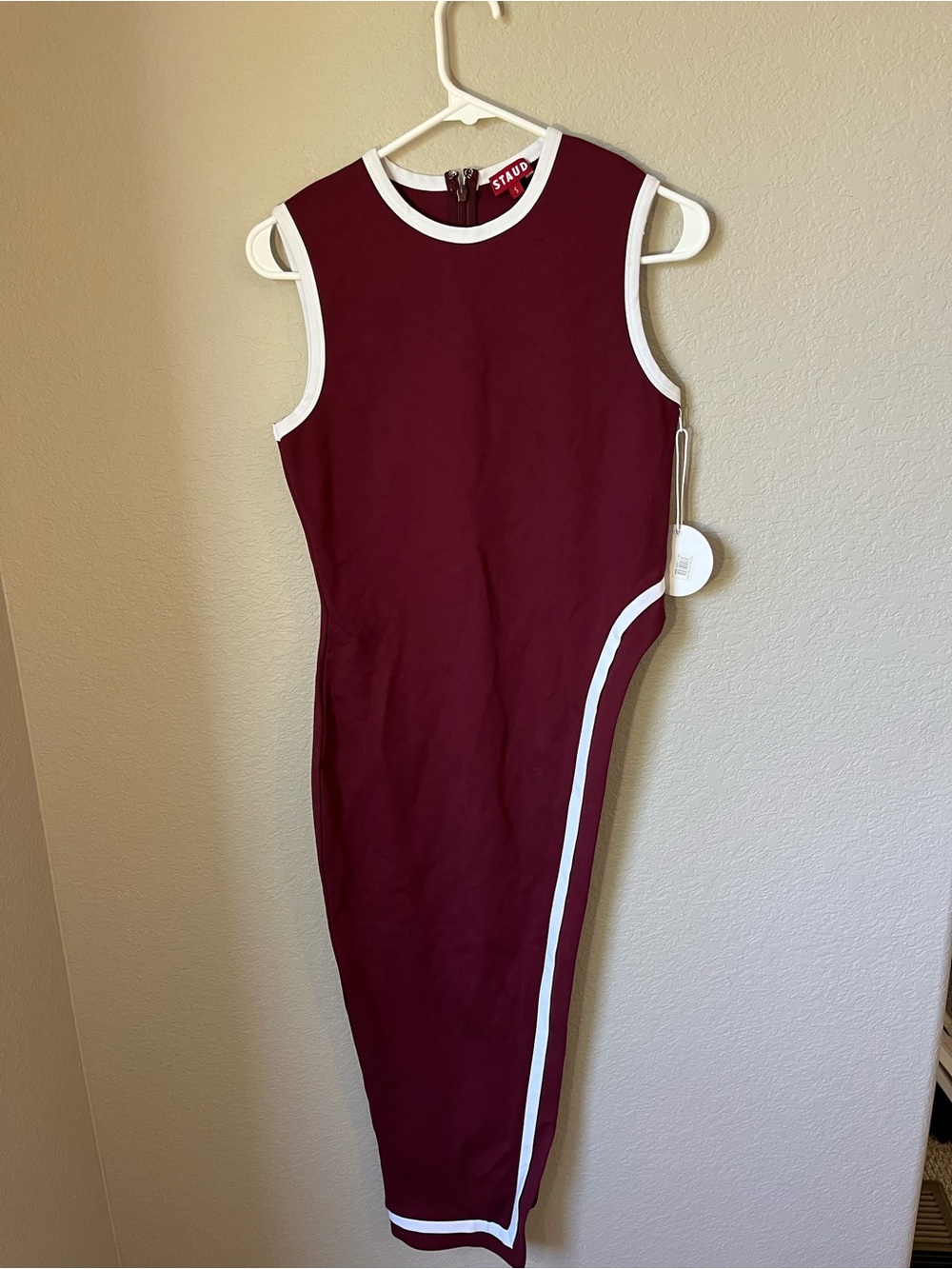 NWT STAUD Dee Midi Dress Tawny Port Burgundy White Trim Size Small